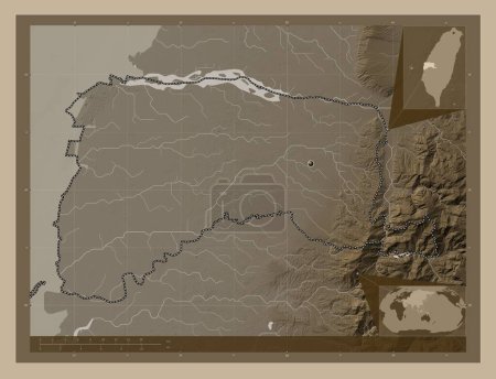 Photo for Yulin, county of Taiwan. Elevation map colored in sepia tones with lakes and rivers. Corner auxiliary location maps - Royalty Free Image