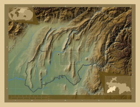 Téléchargez les photos : Khatlon, région du Tadjikistan. Carte d'altitude colorée avec lacs et rivières. Corner cartes de localisation auxiliaires - en image libre de droit