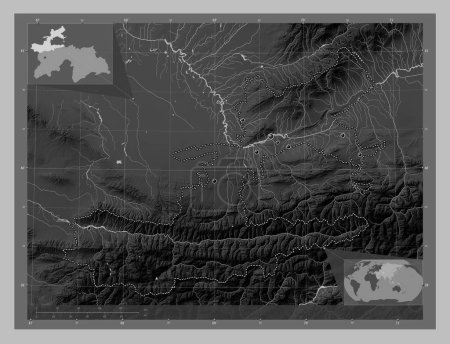Foto de Sughd, región de Tayikistán. Mapa de elevación a escala de grises con lagos y ríos. Ubicaciones de las principales ciudades de la región. Mapas de ubicación auxiliares de esquina - Imagen libre de derechos