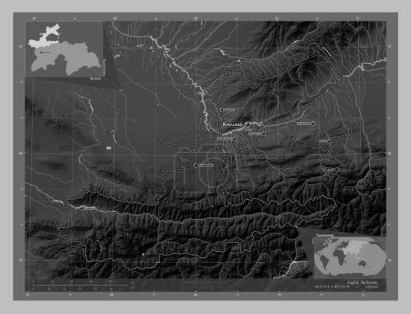 Foto de Sughd, region of Tajikistan. Grayscale elevation map with lakes and rivers. Locations and names of major cities of the region. Corner auxiliary location maps - Imagen libre de derechos