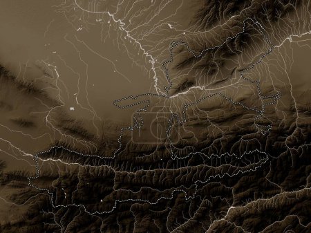 Foto de Sughd, region of Tajikistan. Elevation map colored in sepia tones with lakes and rivers - Imagen libre de derechos