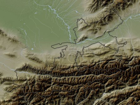 Foto de Sughd, región de Tayikistán. Mapa de elevación coloreado en estilo wiki con lagos y ríos - Imagen libre de derechos