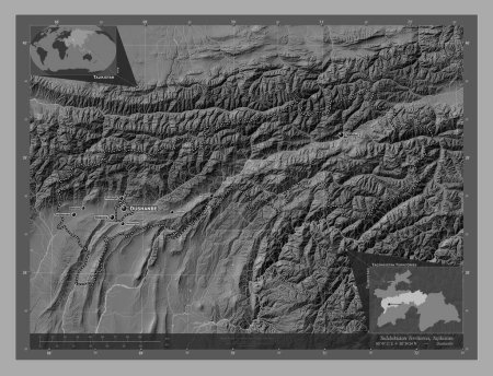 Téléchargez les photos : Tadzhikistan Territories, region of Tajikistan. Bilevel elevation map with lakes and rivers. Locations and names of major cities of the region. Corner auxiliary location maps - en image libre de droit