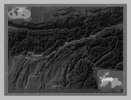 Téléchargez les photos : Tadzhikistan Territories, region of Tajikistan. Grayscale elevation map with lakes and rivers. Locations and names of major cities of the region. Corner auxiliary location maps - en image libre de droit