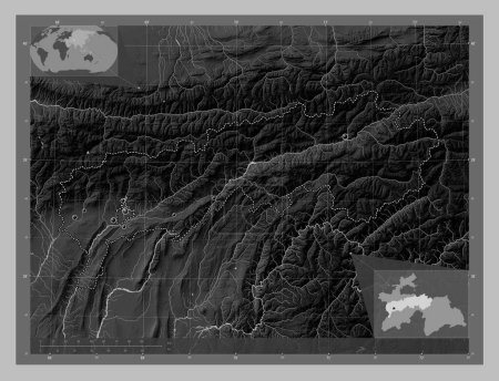Téléchargez les photos : Tadzhikistan Territories, region of Tajikistan. Grayscale elevation map with lakes and rivers. Locations of major cities of the region. Corner auxiliary location maps - en image libre de droit