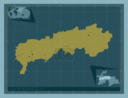 Téléchargez les photos : Tadzhikistan Territories, region of Tajikistan. Solid color shape. Locations of major cities of the region. Corner auxiliary location maps - en image libre de droit