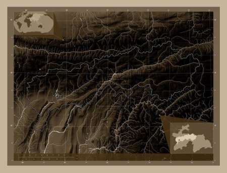 Téléchargez les photos : Tadzhikistan Territories, region of Tajikistan. Elevation map colored in sepia tones with lakes and rivers. Corner auxiliary location maps - en image libre de droit