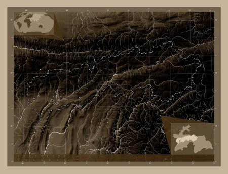 Téléchargez les photos : Tadzhikistan Territories, region of Tajikistan. Elevation map colored in sepia tones with lakes and rivers. Locations of major cities of the region. Corner auxiliary location maps - en image libre de droit