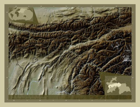 Photo for Tadzhikistan Territories, region of Tajikistan. Elevation map colored in wiki style with lakes and rivers. Corner auxiliary location maps - Royalty Free Image