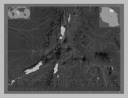 Photo for Arusha, region of Tanzania. Grayscale elevation map with lakes and rivers. Locations of major cities of the region. Corner auxiliary location maps - Royalty Free Image