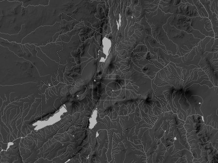 Photo for Arusha, region of Tanzania. Grayscale elevation map with lakes and rivers - Royalty Free Image