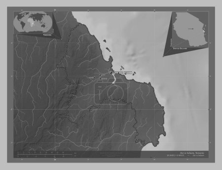 Téléchargez les photos : Dar es Salaam, région de Tanzanie. Carte d'altitude en niveaux de gris avec lacs et rivières. Emplacements et noms des grandes villes de la région. Corner cartes de localisation auxiliaires - en image libre de droit