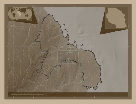 Photo for Dar es Salaam, region of Tanzania. Elevation map colored in sepia tones with lakes and rivers. Locations of major cities of the region. Corner auxiliary location maps - Royalty Free Image