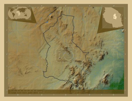 Téléchargez les photos : Dodoma, region of Tanzania. Colored elevation map with lakes and rivers. Corner auxiliary location maps - en image libre de droit