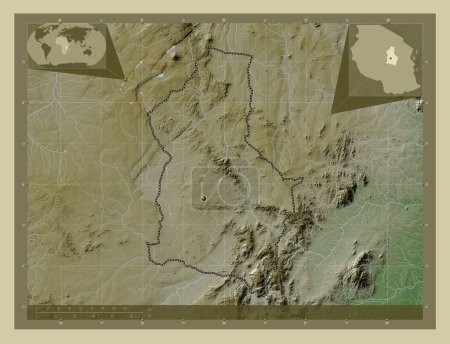 Téléchargez les photos : Dodoma, région de Tanzanie. Carte d'altitude colorée dans le style wiki avec des lacs et des rivières. Corner cartes de localisation auxiliaires - en image libre de droit