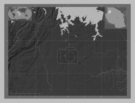 Photo for Geita, region of Tanzania. Grayscale elevation map with lakes and rivers. Locations of major cities of the region. Corner auxiliary location maps - Royalty Free Image