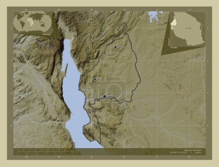 Téléchargez les photos : Kigoma, région de Tanzanie. Carte d'altitude colorée dans le style wiki avec des lacs et des rivières. Emplacements et noms des grandes villes de la région. Corner cartes de localisation auxiliaires - en image libre de droit