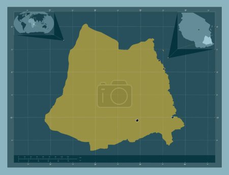 Téléchargez les photos : Lindi, region of Tanzania. Solid color shape. Locations of major cities of the region. Corner auxiliary location maps - en image libre de droit