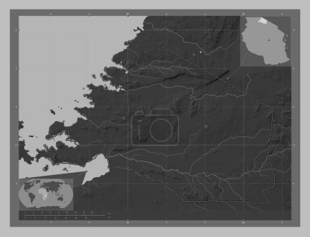 Foto de Mara, region of Tanzania. Grayscale elevation map with lakes and rivers. Locations of major cities of the region. Corner auxiliary location maps - Imagen libre de derechos
