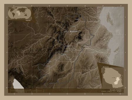 Photo for Morogoro, region of Tanzania. Elevation map colored in sepia tones with lakes and rivers. Locations and names of major cities of the region. Corner auxiliary location maps - Royalty Free Image