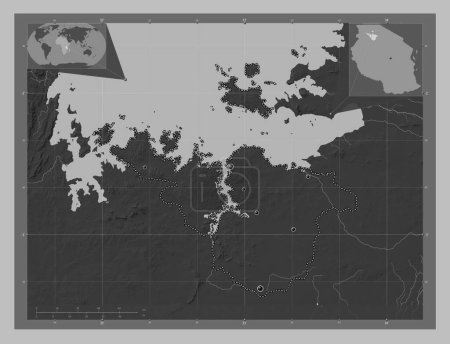 Photo for Mwanza, region of Tanzania. Grayscale elevation map with lakes and rivers. Locations of major cities of the region. Corner auxiliary location maps - Royalty Free Image