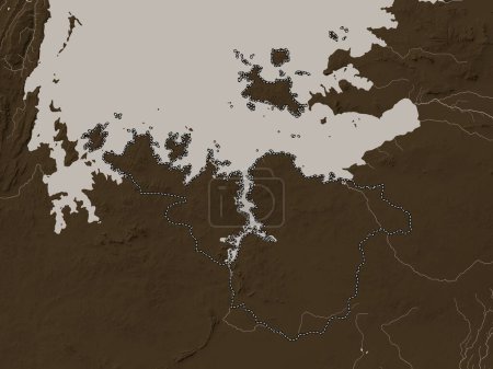 Photo for Mwanza, region of Tanzania. Elevation map colored in sepia tones with lakes and rivers - Royalty Free Image