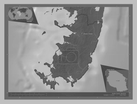 Photo for Pemba South, region of Tanzania. Grayscale elevation map with lakes and rivers. Locations and names of major cities of the region. Corner auxiliary location maps - Royalty Free Image