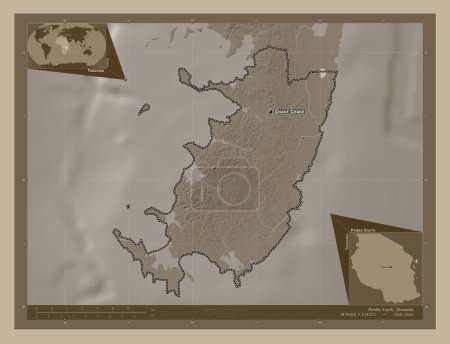 Photo for Pemba South, region of Tanzania. Elevation map colored in sepia tones with lakes and rivers. Locations and names of major cities of the region. Corner auxiliary location maps - Royalty Free Image