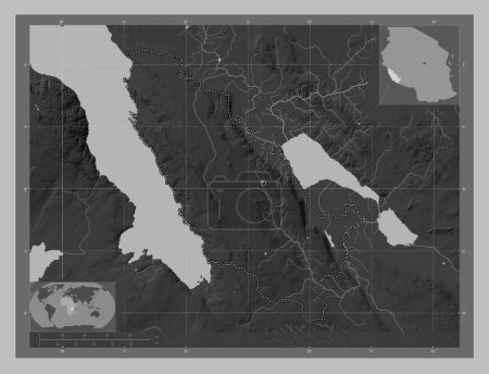 Photo for Rukwa, region of Tanzania. Grayscale elevation map with lakes and rivers. Corner auxiliary location maps - Royalty Free Image