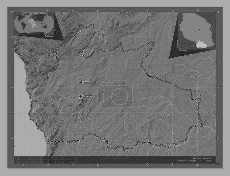 Foto de Ruvuma, región de Tanzania. Mapa de elevación de Bilevel con lagos y ríos. Ubicaciones y nombres de las principales ciudades de la región. Mapas de ubicación auxiliares de esquina - Imagen libre de derechos