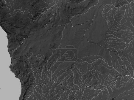 Téléchargez les photos : Ruvuma, région de Tanzanie. Carte d'altitude en niveaux de gris avec lacs et rivières - en image libre de droit