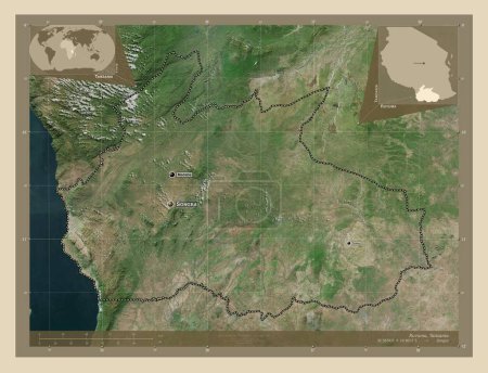 Téléchargez les photos : Ruvuma, région de Tanzanie. Carte satellite haute résolution. Emplacements et noms des grandes villes de la région. Corner cartes de localisation auxiliaires - en image libre de droit