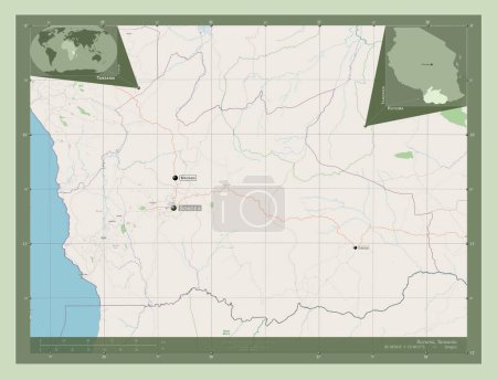 Foto de Ruvuma, región de Tanzania. Open Street Map. Ubicaciones y nombres de las principales ciudades de la región. Mapas de ubicación auxiliares de esquina - Imagen libre de derechos