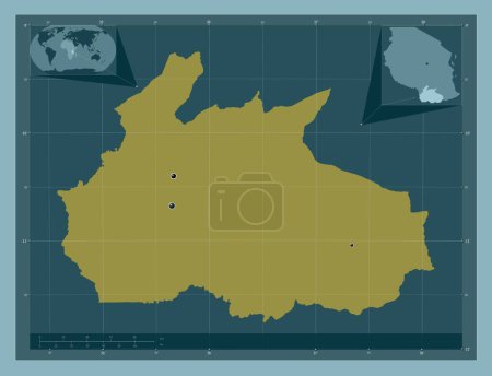 Téléchargez les photos : Ruvuma, region of Tanzania. Solid color shape. Locations of major cities of the region. Corner auxiliary location maps - en image libre de droit