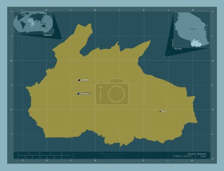 Téléchargez les photos : Ruvuma, region of Tanzania. Solid color shape. Locations and names of major cities of the region. Corner auxiliary location maps - en image libre de droit