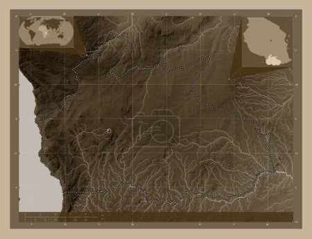 Téléchargez les photos : Ruvuma, region of Tanzania. Elevation map colored in sepia tones with lakes and rivers. Corner auxiliary location maps - en image libre de droit
