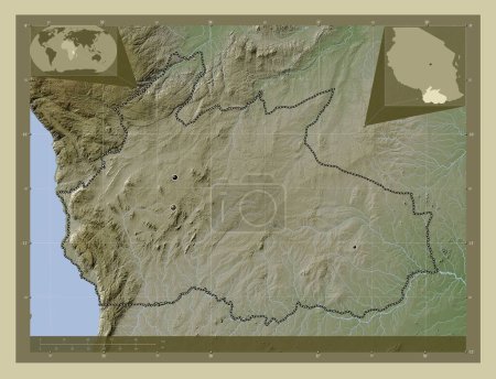 Foto de Ruvuma, región de Tanzania. Mapa de elevación coloreado en estilo wiki con lagos y ríos. Ubicaciones de las principales ciudades de la región. Mapas de ubicación auxiliares de esquina - Imagen libre de derechos