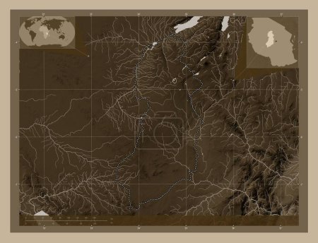 Photo for Singida, region of Tanzania. Elevation map colored in sepia tones with lakes and rivers. Corner auxiliary location maps - Royalty Free Image