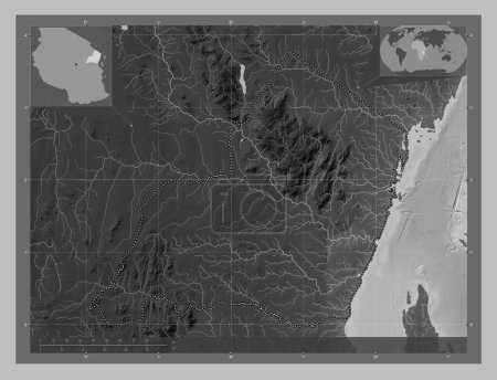 Photo for Tanga, region of Tanzania. Grayscale elevation map with lakes and rivers. Corner auxiliary location maps - Royalty Free Image