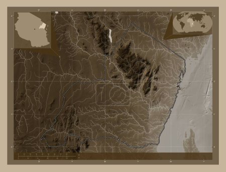 Photo for Tanga, region of Tanzania. Elevation map colored in sepia tones with lakes and rivers. Corner auxiliary location maps - Royalty Free Image