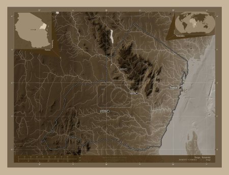 Photo for Tanga, region of Tanzania. Elevation map colored in sepia tones with lakes and rivers. Locations and names of major cities of the region. Corner auxiliary location maps - Royalty Free Image