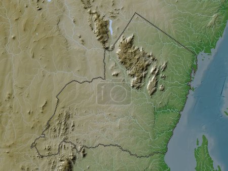 Photo for Tanga, region of Tanzania. Elevation map colored in wiki style with lakes and rivers - Royalty Free Image