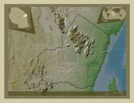 Photo for Tanga, region of Tanzania. Elevation map colored in wiki style with lakes and rivers. Locations and names of major cities of the region. Corner auxiliary location maps - Royalty Free Image
