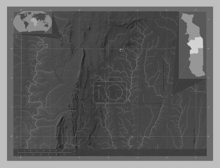 Téléchargez les photos : Centrale, region of Togo. Grayscale elevation map with lakes and rivers. Locations of major cities of the region. Corner auxiliary location maps - en image libre de droit