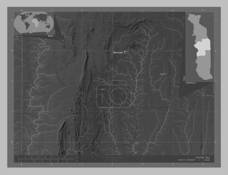 Téléchargez les photos : Centrale, region of Togo. Grayscale elevation map with lakes and rivers. Locations and names of major cities of the region. Corner auxiliary location maps - en image libre de droit