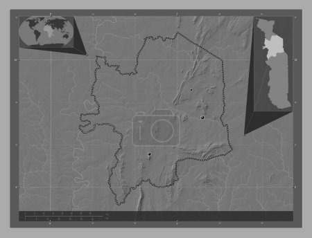 Foto de Kara, región de Togo. Mapa de elevación de Bilevel con lagos y ríos. Ubicaciones de las principales ciudades de la región. Mapas de ubicación auxiliares de esquina - Imagen libre de derechos