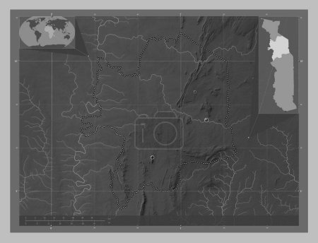 Téléchargez les photos : Kara, region of Togo. Grayscale elevation map with lakes and rivers. Locations of major cities of the region. Corner auxiliary location maps - en image libre de droit