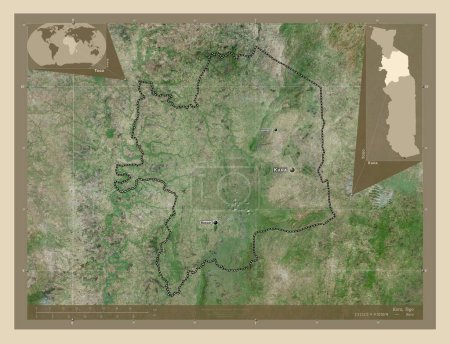 Foto de Kara, región de Togo. Mapa satelital de alta resolución. Ubicaciones y nombres de las principales ciudades de la región. Mapas de ubicación auxiliares de esquina - Imagen libre de derechos