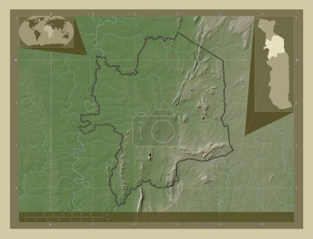 Foto de Kara, región de Togo. Mapa de elevación coloreado en estilo wiki con lagos y ríos. Ubicaciones de las principales ciudades de la región. Mapas de ubicación auxiliares de esquina - Imagen libre de derechos