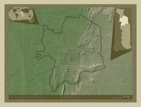 Foto de Kara, región de Togo. Mapa de elevación coloreado en estilo wiki con lagos y ríos. Ubicaciones y nombres de las principales ciudades de la región. Mapas de ubicación auxiliares de esquina - Imagen libre de derechos